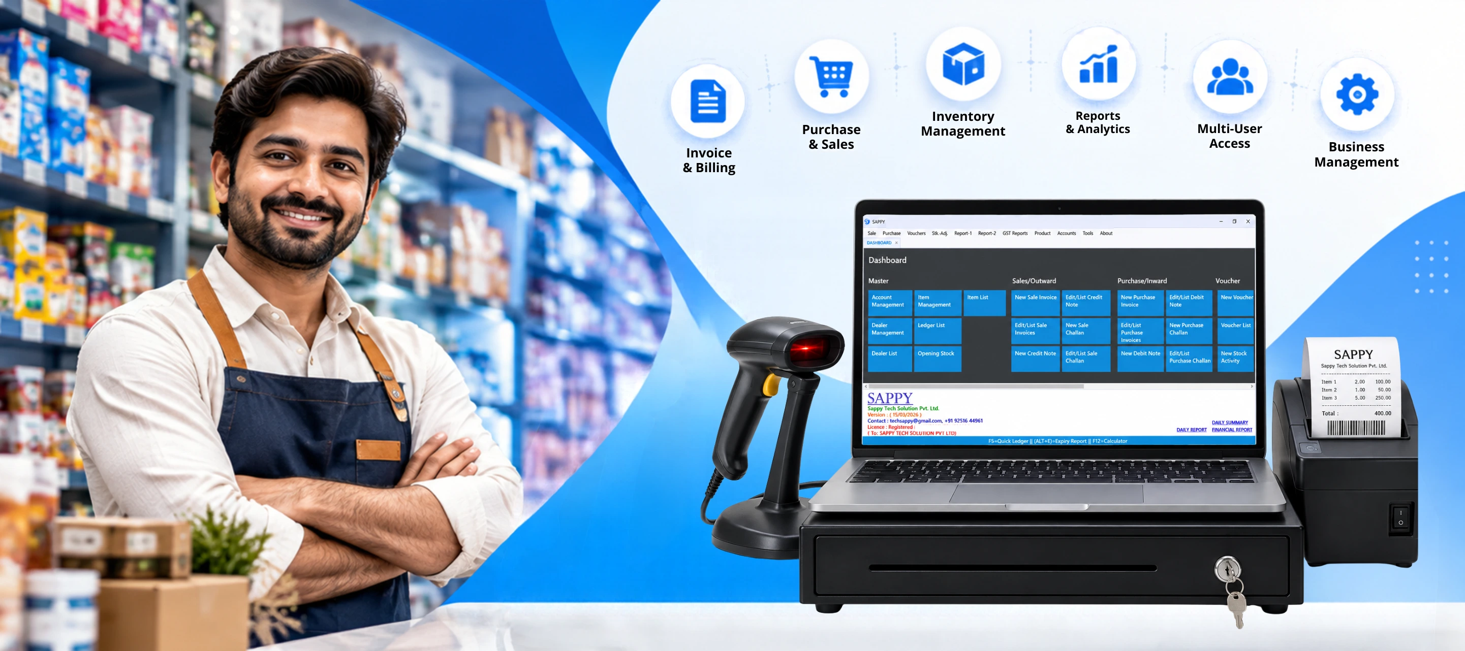 Sappy Software business management software dashboard for GST billing, accounting and inventory